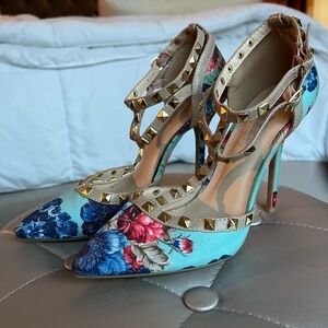 Floral Studded Women's Heels Buckle Ankle Straps